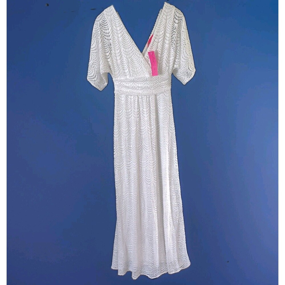 Lilly Pulitzer Parigi Elbow Sleeve Maxi Dress Resort White Scalloped Shell Sz S